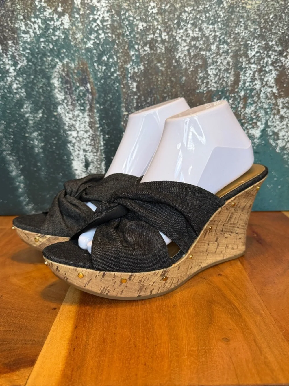 Dana‎ Buchman 2010s Classic Black Denim Cork Wedge Sandals (GUC)